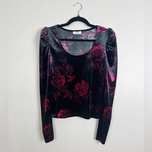 Vintage 90s Velvet Rose Puff Sleeve Top Shirt Small Med